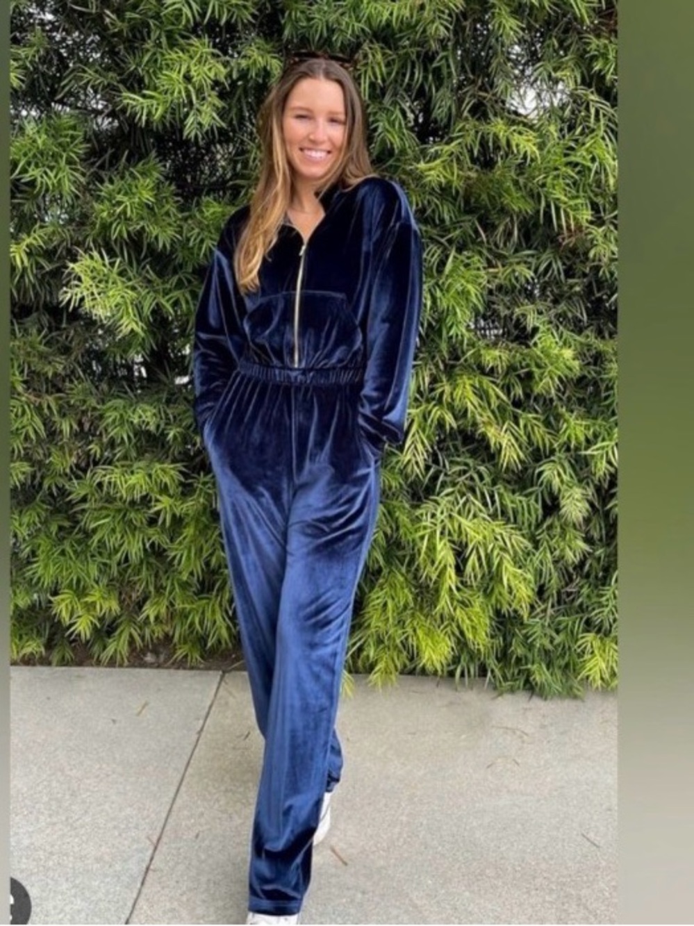 FABLETICS VELOUR ZIP UP JUMPSUIT ONSIE WIDE LEG BLUE ELEVATED ATHLEISURE SZ XS